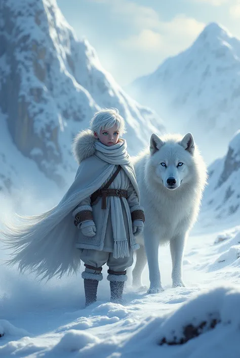 A boy with white hair stand near the ice wolf in a snow hurricane