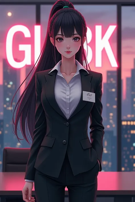 Create anime character;
{background: capital HD text: “GLBK” in center-top, sea}, white skin,
realistic, HDR, beautiful, donghua style, full body, age 20, office clothes, name card: “CICI”, female, black hair, long hair, pony hair, like mafia