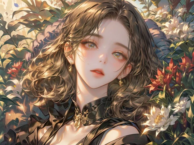 ((Masterpiece artwork)), (best quality image)，(ultra intricately detailed)，(higher definition)，(8k)，(linhas limpas)，(perfect facial features, perfect  skin)，(offcial art)，1Woman with long wavy light brown hair, golden colored eyes, brown skin. Lying on top...