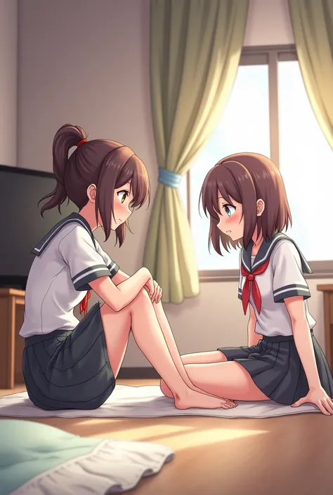 Absurd resolution, high resolution, (masterpiece: 1.4), super detailed, (((detailed face, detailed expression)), two girls, girl and girl, friends, best friends, classmates, relaxing, ponytail, bob, sitting on bed, sitting on the floor, two people conversi...