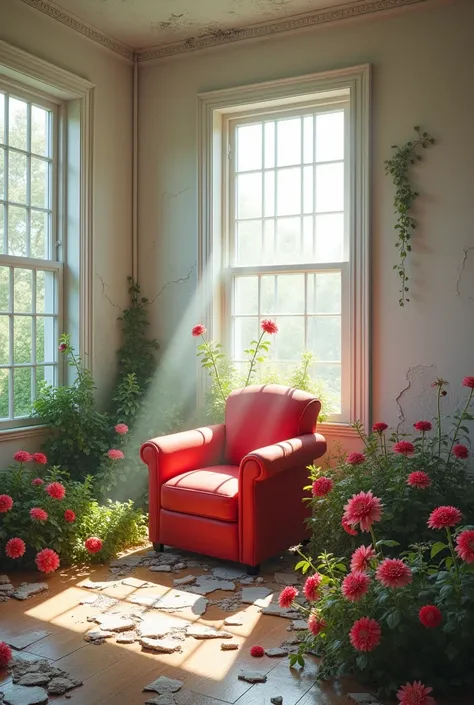 Inside the abandoned room、An unbroken red plush chair in the middle of the room、A rose on a chair、windowが多い、wallが壊れている、（window、wall、door、The floor is collapsing:2.0）、White Room、peace、The morning sun is shining and it&#39;s bright、（床やwallに満開の色とりどりで鮮やかな美しい花々...