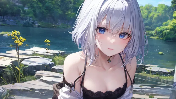 Ultra HD,Look at the viewers, Place your hands behind your back, and, 20-year-old, 非常にshort hair, Long bangs between the eyes, Pale blue eyes, Very detailed,(masterpiece、Highest quality),Gray Hair、Laughter、wonderful, Silver Hair, iris, short hair、 Flutteri...