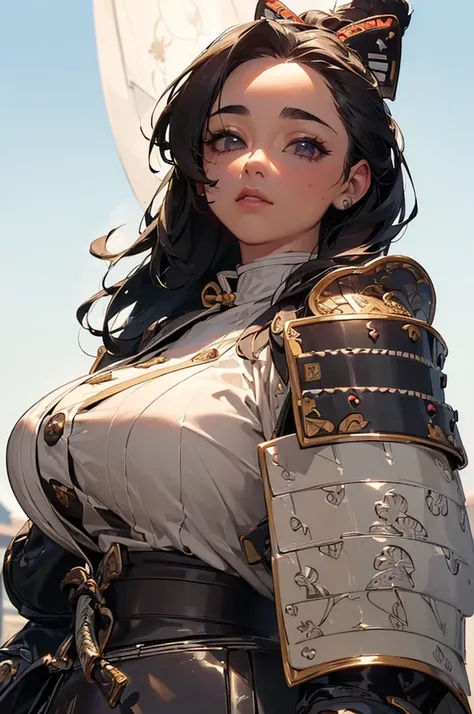 ((((High resolution, Intricate details, masterpiece, 8k, from front)))), (((beautiful, samurai, armor))), ((In the town, One Woman, Big Breasts, Large Breasts, Huge Saggy Tits)), (Black Hair, Beautiful forehead, Long Hair, Glowing Skin), from front, lookin...