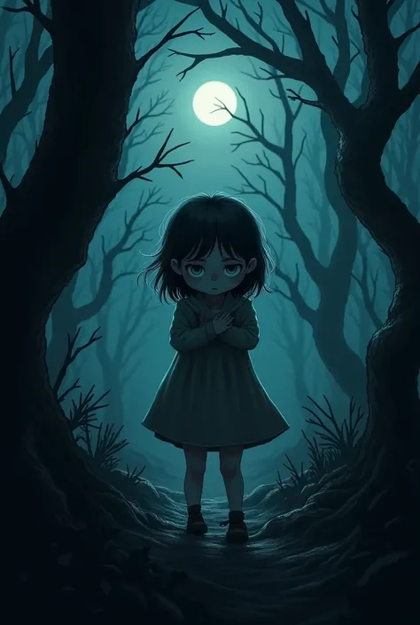 A girl scared and alone in woods at night
