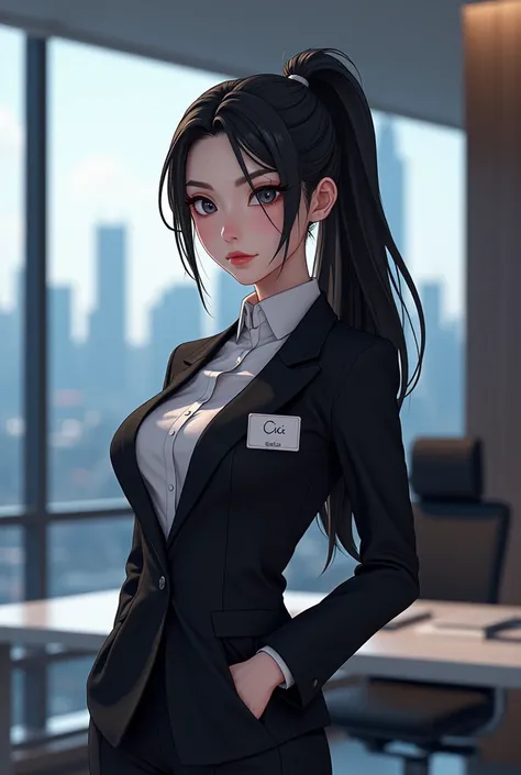 Create anime character;
{background: capital HD text: “GLBK” in center-top, sea}, white skin,
realistic, HDR, beautiful, donghua style, full body, age 20, office clothes, name card: “CICI”, female, black hair, long hair, pony hair, like mafia