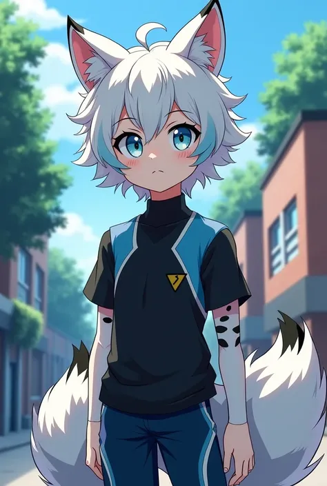 it&#39;s a boy, Chico, that looks like a fox hybrid , Her hair is white and is a little curly. , has light blue locks , Her eyes are a pastel blue color. The clothing is a black shirt with light blue , his navy blue pants. He has a calm look. That it has a...