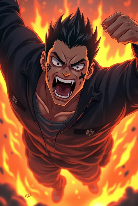 A anime boy with comeback attitude
With fire everything very very very angered shouting + vampire teeth and tattoo on face + fly in air in standing position +laughing loudly