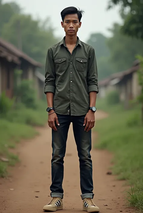 Please make me a realistic photo Indonesia man ((full skinny tall)) standing outside facing the viewer. This guy was wearing a Levis long-sleeved shirt with buttons, dark torn jeans with rolled up ends, and light brown Adidas samba shoes. An iPhone smartwa...