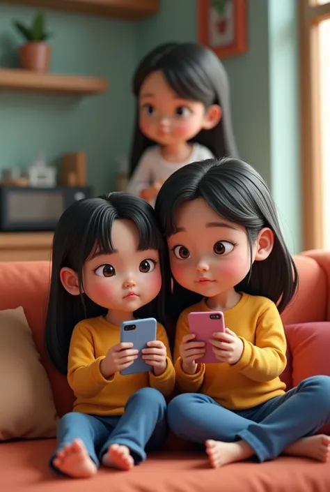 two Indonesian sisters. The older is 20 years old, the younger is . Both are busy with their gadget. Their mother is nearby look upset with them, Caricature 3D,