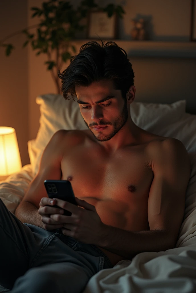 Sexy young man, who uses his phone in his room
