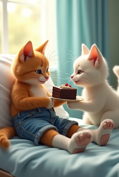 A boy cat with brown color in blue jeans lies in a hospital bed with a broken leg and a girl cat with white colour in pink frock comes to visit him in the hospital with chocolate cake ai image