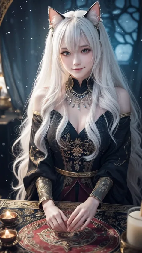 
(masterpiece, highest quality, highest quality, official art, beautiful and aesthetic: 1.2), (one girl: 1.3), wavy long hair, white hair, Cat ears on the head,highly detailed portrait, highly detailed hands, looking at the viewer, alone, (whole body: 0.6)...