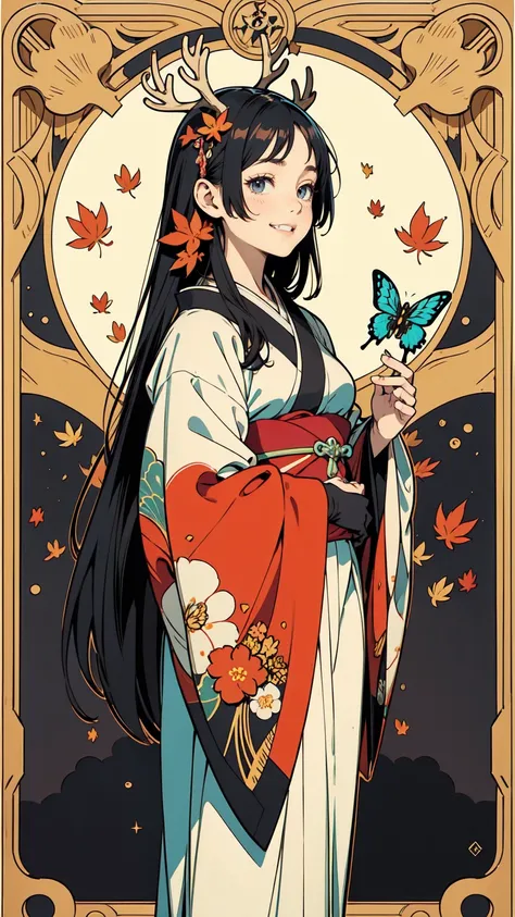 Tarot Cards、Masterpiece、Highest quality、Highest quality、Amazing details、Detailed Background、Line art、Written boundary depth、Flat Shading、Mucha style、Art Nouveau、(Image of autumn in Japan:1.3)、(Surrounded by butterflies, deer and boars:1.2)、A side view of a...