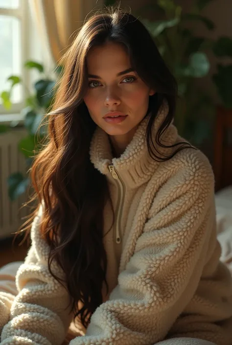 (photorealism:1.2), beautiful woman, sitting on bed, wearing a closed fur Fleecepullover with Halfzip high closed Funnelneck. long hair, indoors, soft lighting, plants in background, window with sunlight, cozy room, relaxed pose, realistic, intricate detai...