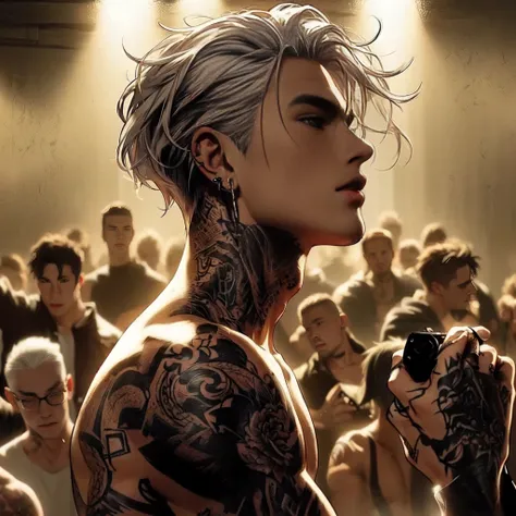 tattooed man, white haired, shirtless, wearing an earring, the background is an underground fight club, holding a black shirt, keep the artstyle, make him bloodied like after fighting