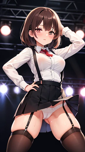 Brown Hair、Looking at the audience　　suspenders　　　bulging big breasts　　 　 　　　　Black mini skirt　garter belt　Knee-high socks　　　　　　vision　　　Small face　bangs 　　　　　beauty　　Show me your hands　　 　vision 　Black boots 　Taunt　　Armpit sweat　One person 　　put your hands...