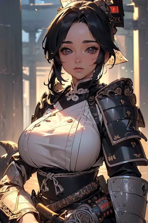 ((((High resolution, Intricate details, masterpiece, 8k, from front)))), (((beautiful, samurai, armor))), ((In the town, One Woman, Big Breasts, Large Breasts, Huge Saggy Tits)), (Black Hair, Beautiful forehead, Long Hair, Glowing Skin), from front, lookin...