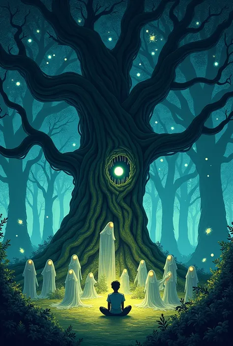 In a fearsome forest, there is a very large banyan tree. Beneath the tree sits a person. Suddenly, a frightening ghost appears. There were lots of ghost around the man.they tried to hurt the man . create a cartoon image of that 