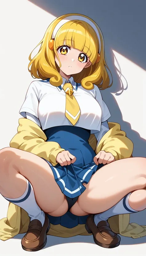 Score 9, Score 8 up, Score 7 up, The evaluation is questionable, Detailed Background, nsfw,what is yayoi, yellow hair, yellow eyes, white hairband, hair ornament, medium hair, nanairogaoka middle school uniform, yellow necktie, yellow cardigan, one woman,s...