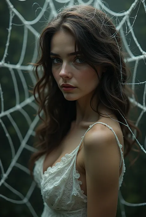 A beautiful brunette woman,  cocooned in a giant spiderweb, 