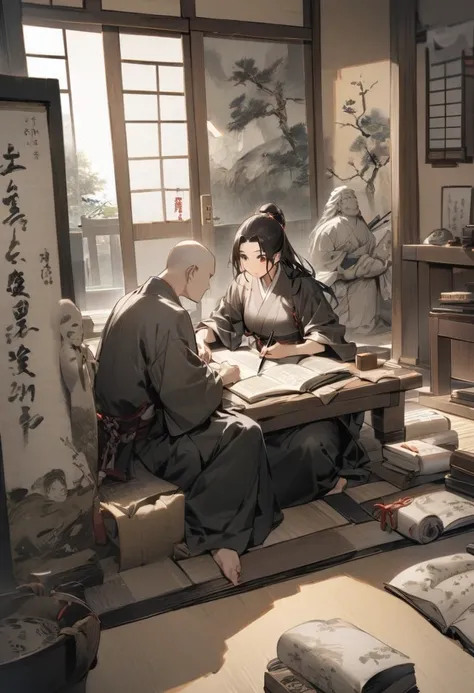 Inside an old Japanese house、The swordsman sits on the floor、『Book of Five Rings』He is writing。Scrolls and brushes are placed around the statue.