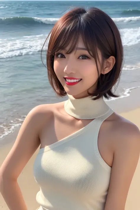 reddish brown wet shiny short hair, A hairstyle with bangs aligned in a straight line between the eyes and eyebrows, covering the forehead, double eyelid, eyelash, wide eyed, perfectly round eyes, small mouth showing slight teeth, light red lip gloss, ligh...