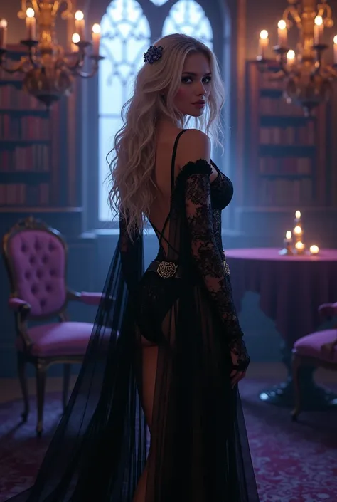 sexy blond woman with seductive eyes and pouty lips, Outfit: Elegant, enchanting, long and fitted dress, plunging back, deep neckline, long lace sleeves, belt adorned with mystical symbols, high-heeled boots, black and silver jewelry. II. Venue: Gothic cas...