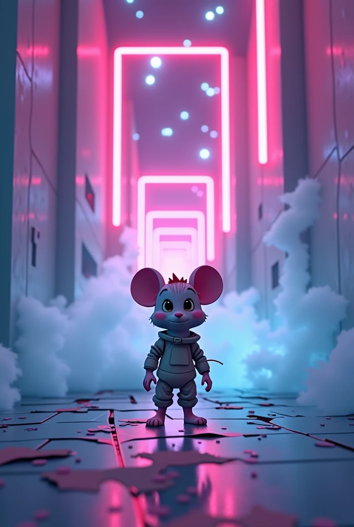 Surreal，The square continues to the back，Gradually getting smaller，Uneven tilt，Mysterious Neon，Spot Flash、Wrapped in a beautiful mist，Unique Pixar-style animated mouse，Spacesuit，White wall，Cool glow