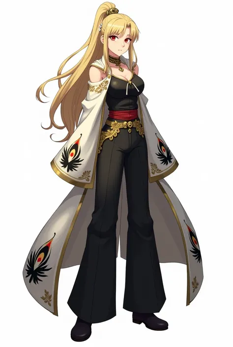 draw in anime style in full growth on a white background: a tall woman with blond hair, bangs in 2 sides, and a high ponytail. She wears a black tank top with gold detailing, and on top of the tank top is a white long cape with wide sleeves with black, whi...