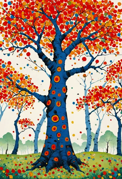 Chinese aesthetics，Printing pattern，Color ink，Polka dot art，((Dot：1.9))，Freehand，artistic conception，Wu Guanzhong&#39;s artistic style，Minimalism，Birch，Eyes on the tree trunk，Red and blue