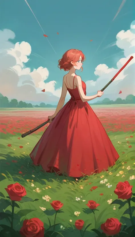 1 girl, solo,berasts,rose,red dress,hand holding a baton,flower field