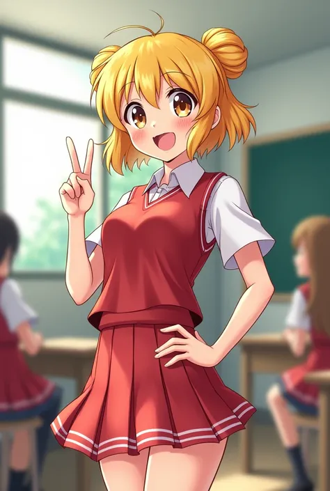 School,classroom,A Japanese girl,Mid-chest,Yellow double bit roll,  Red student uniform,Short skirt,Bright Eyes,Lively expression,One finger is worth you,One hand on waist