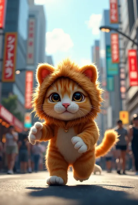 (Photorealism:1.2), A cute cat in a lion costume walks the streets of Tokyo,