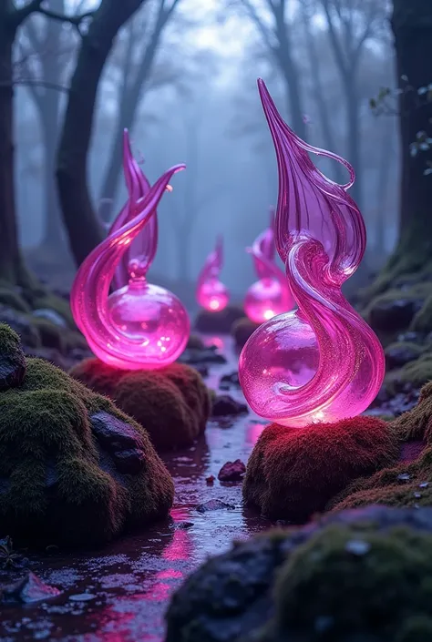 Plastic art、surreal、Glass sculptures (magenta color) at the forest、Escultura de vidro na magenta color esculpida em pedras, Sculpture that defies the laws of physics、indigo art、Moss covered sculpture、some soft purple LED lights create artistic effect