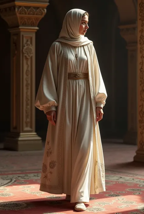 Représentation dune kalfa au narem ottoman, elle porte une chemise longue blanche avec des manches amples, un pantalon large et fluide et une veste longue en velours  avec des broderies discrètes, elle porte également un foulard couvrant sa tête et son cou...