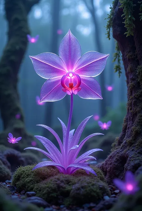 Glass art,surreal,Glass sculptures in the orchid forest Strongylodon macrobotrys, Glass sculpture of the Strongylodon macrobotrys orchid carved in stone, violet pink fireflies light up the scene. Sculpture that defies the laws of physics,indigo art,Moss co...