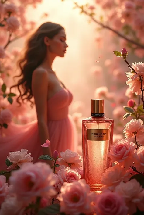 Create an advertising image of Victoria&#39;s Secret romantic mist among flowers, roses and almonds 