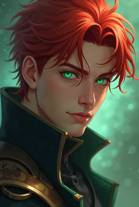 "heroic male", red hair, fantasy, duelist, green eyes, handsome, head and shoulders portrait, intricately detailed eyes