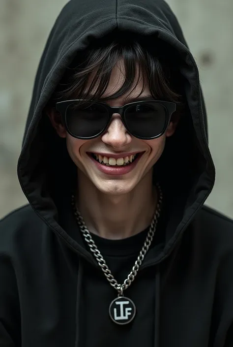 Young man with a hood wearing a black sweatshirt and sunglasses with a big smile of terror with long hair with a chain that says L.f