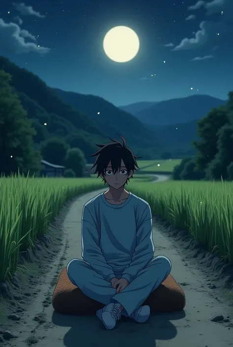 an ordinary young man, sitting on chair sponge on middle land road ricefield village, wear pajama clothes, pajama pants, shorty black messy haircut, outdoors, at night, lighting moon, fireflies, relaxed pose, warm colors, real hyper realistic, real human j...