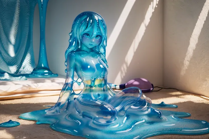 Slime Girl,light blue,composition,cute,Masterpiece,light blueのスライム,Transparent,Natural Light,Super detailed,Ultra HD,clear,Completed blue,Masterpiece,An illustration,Soft.The body is made of slime,White background,