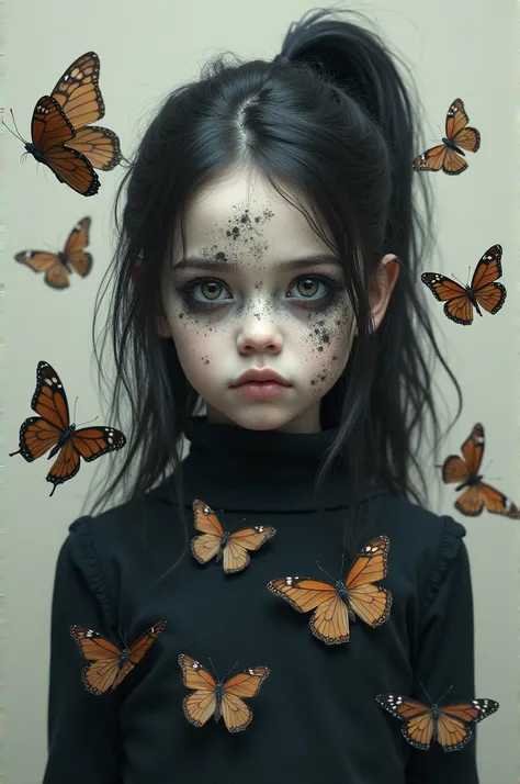 Girl with painted face with ponytail hair and dead butterflies

