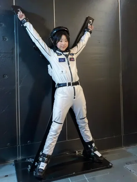 japanese female astronaut,black hair,spaceship,it is completely secured to the wall with sturdy straps,wearing a helmet,plump,sl...