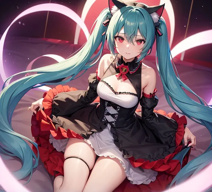 Cat ear masterpiece, hatsune miku, Exposing shoulders, The sleeves are separated, Evil Smiley Face, Red eyes, Iris, Pupil orange,Maid clothes