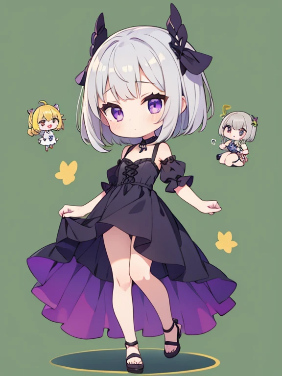 1girl,sexy dress,Gray hair, bob,chibi,full body,green background,purple eyes