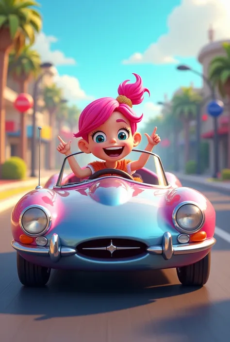 The same pink-haired girl cartoon shows off her convertible driving skills, seeing the car in 3D.