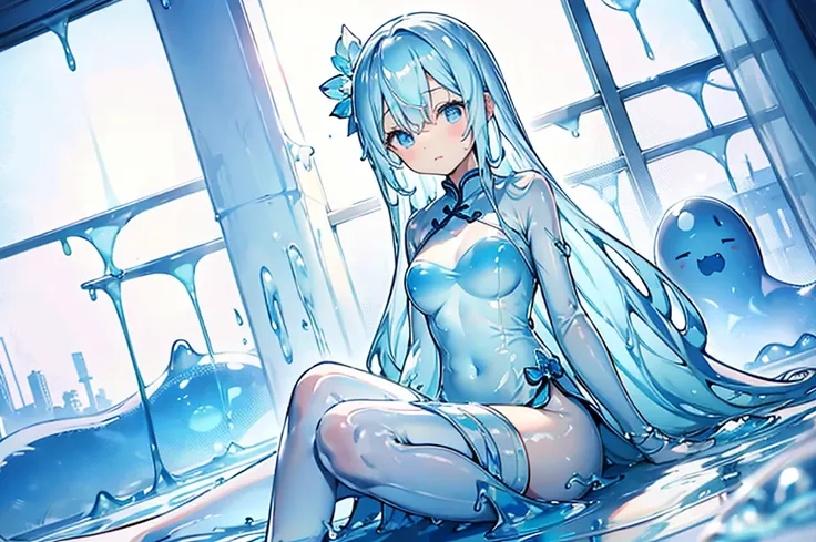 Slime Girl,light blue,composition,cute,Masterpiece,light blueのスライム,Transparent,Natural Light,Super detailed,Ultra HD,clear,Completed blue,Masterpiece,An illustration,Soft.The body is made of slime,white background,俯瞰のcomposition,Red Chinese dress,