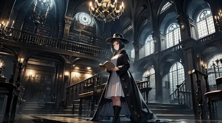 one woman reading a grimoire at a seat in a fantastic library, black hat, black boots, black long cardigan, white dress, black h...