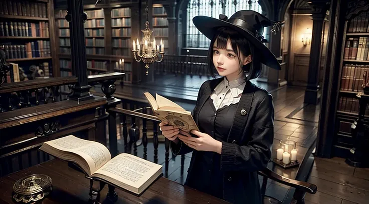 one woman reading a grimoire at a seat in a fantastic library, black hat, black boots, black long cardigan, white dress, black h...