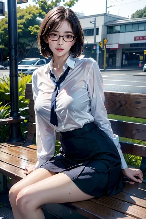 Realistic, High resolution, 1 female, Mature Woman, alone, Hip Up, Viewer Display, (Detailed face), (Short Bob)、(Glasses)、school uniform, mini skirt、Tight waist、Ample breasts、(Bare legs)、Sit on a bench、(Blouse wet in the rain)、(Girl in the rain)、bus stop、R...